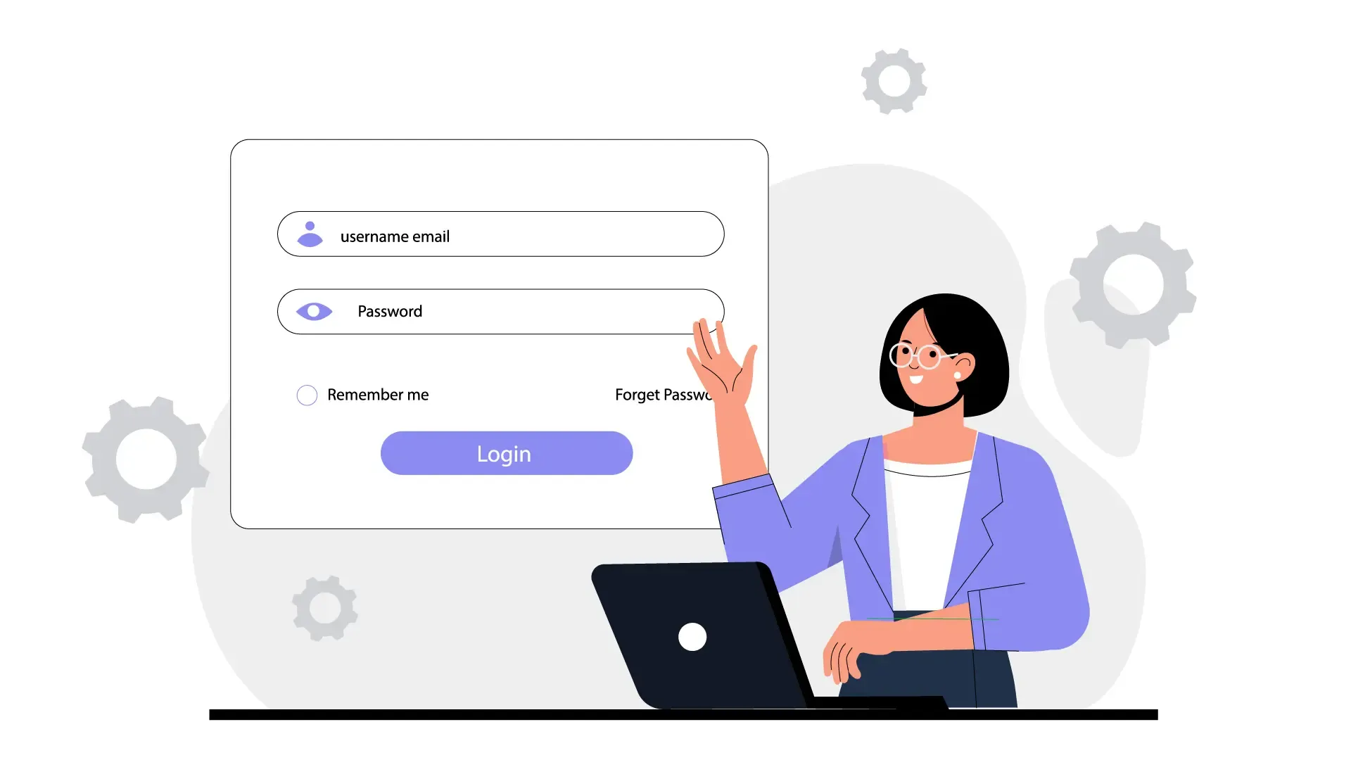 Woman Presenting Login Page Process Demonstration Using Laptop Flat Illustration